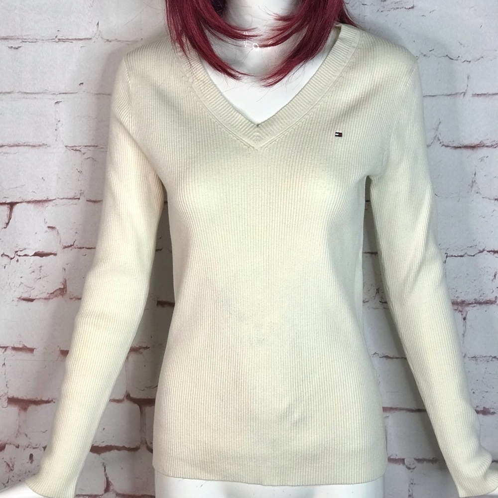 Y2K TOMMY HILFIGER Cream Ribbed Knit Preppy   V-Neck Long Sleeve Top Size Medium